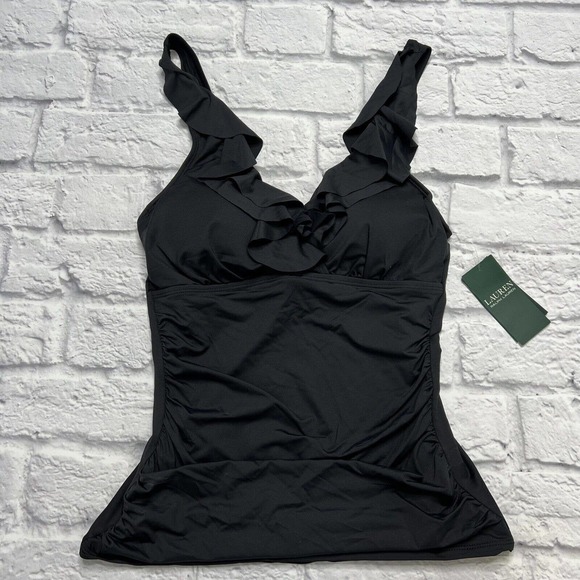 LRL Ralph Lauren BLACK Beach Club Solids Ruffle Tankini Swim Top Size 6 Slimming - Picture 3 of 7